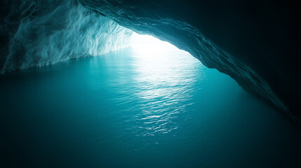 Poster - light reflecting off calm waters in a serene cave setting at twilight