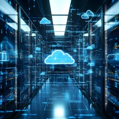 Poster - Digital Data Center with Cloud Icons and Network Connections