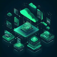 Poster - Digital Cloud Center with Data Icons and Graphic Representations