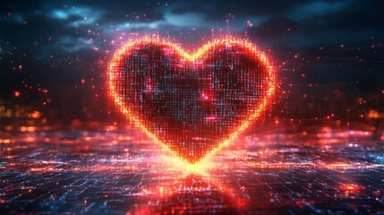 Poster - Large heart shape composed of binary code in vibrant lights against a digital backdrop