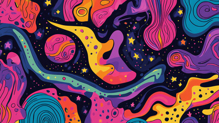 Poster - Colorful abstract cosmic design with swirling patterns and bright celestial elements in a vibrant night sky