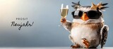 Stilvolle Eule feiert Silvester mit Sekt Lustige Neujahrskarte