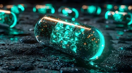 Poster - Glowing Capsules Representing Advanced Technology and Precision Science