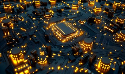 Poster - High-Tech Circuit Board with Illuminated Microchips and Components