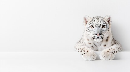 Wall Mural - Snow leopard cub peeking over white surface.