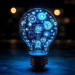 Poster - Blue Illuminated Light Bulb with Intricate Gears and Details