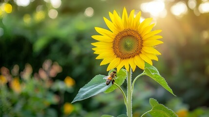 Aufkleber - A single yellow sunflower with a bee collecting pollen, macro shot, Naturalist style
