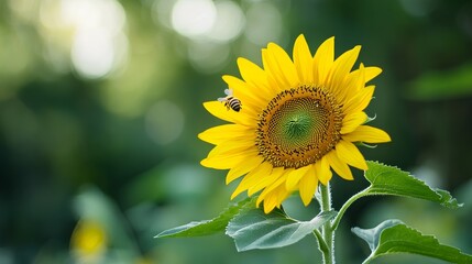 Aufkleber - A single yellow sunflower with a bee collecting pollen, macro shot, Naturalist style