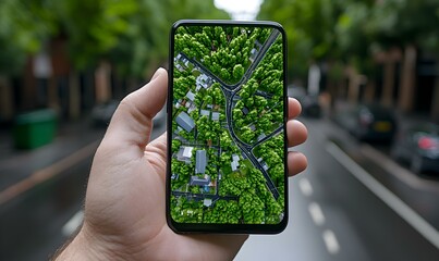 Poster - Hand Holding Mobile App Interface Displaying Real-Time Map View