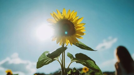 Aufkleber - A single yellow sunflower with bees buzzing around, low-angle shot, Nature style