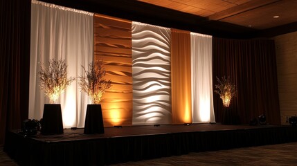 Poster - A dynamic backdrop setup with adjustable panels, neutral colors, and integrated lighting, offering versatile staging options for any event