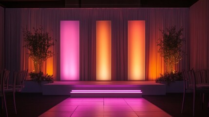 Poster - A dynamic backdrop setup with adjustable panels, neutral colors, and integrated lighting, offering versatile staging options for any event