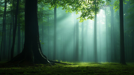 Wall Mural - sunlight filters through trees in a serene forest at dawn creating an enchanting atmosphere