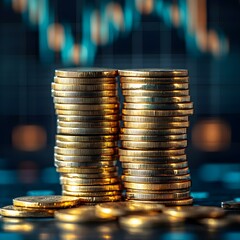 Poster - Stacks of Gold Coins with Stock Market Graph in Background