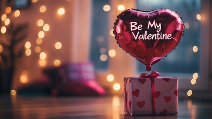 Poster - A heart-shaped balloon floats above a beautifully wrapped gift box adorned with hearts, symbolizing love and affection. Soft bokeh lights create a romantic atmosphere, perfect for Valentine's Day.