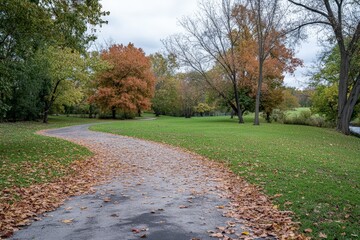 Poster - A peaceful park pathway beautifully lined with vibrant autumn foliage, capturing the essence of fall's transformation and tranquility in a natural setting.