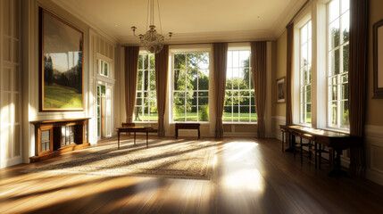 Poster - elegant interior of a spacious room with large windows and natural light in a serene setting