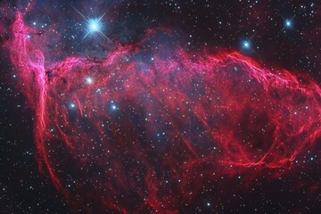 Poster - A stunning view of a cosmic nebula showcasing vivid red clouds and bright stars, representing the immense beauty and majesty of space exploration and discovery.
