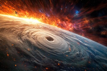 Poster - A striking abstract image of a swirling cosmic storm, rich in fiery colors and dramatic movement, portraying the intensity and chaos of outer space phenomena.