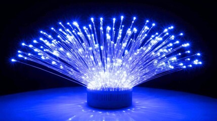 Poster - Blue Fiber Optic Lamp on Black Background, Abstract Technology Illumination with Fiber Optic Strands
