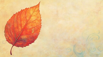 Wall Mural - elegant autumn leaf illustration with whimsical swirls and lined textured background, ample copy spa