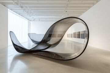 Aufkleber - A black translucent sculpture with a looping design is elegantly displayed in a spacious gallery, offering a play of light and shadow for art enthusiasts.