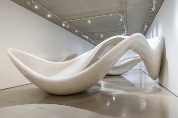 Aufkleber - A modern white sculpture with flowing curves is displayed prominently in a minimalist art gallery, emphasizing the fluidity and elegance of the design.