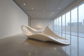 Aufkleber - An abstract white sculpture sits elegantly in a minimalist gallery, embodying modern artistic design that blends space and creativity in a seamless manner.