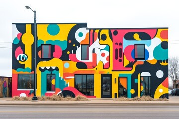 Leinwandbilder - This vibrant image captures a colorful geometric mural adorning the facade of an urban building, showcasing a bold and dynamic expression of modern street art.