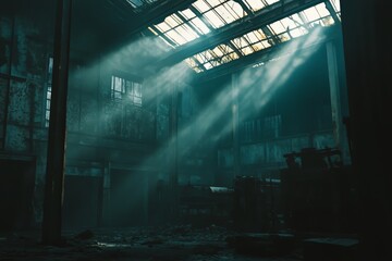 Poster - Rays of sunlight penetrate the dusty interior of an antiquated factory, highlighting the rust and decay within the vast, empty space through the skylight.