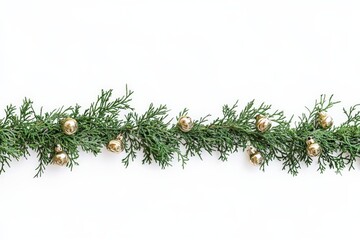 A festive garland made of evergreen branches adorned with shiny gold-hued ornaments, creating a classic and elegant holiday decoration. Perfect for Christmas interiors.