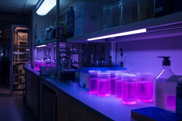 Aufkleber - A research lab scene with containers of pink-hued liquid, suggesting a technologically advanced setup where creativity meets scientific exploration for groundbreaking work.