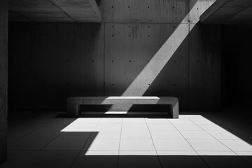 Aufkleber - A single concrete bench sits in a minimalist room with dramatic shadows, highlighting the interplay between architectural structure and natural light in an austere space.
