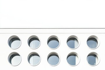 Aufkleber - A modern building facade showcasing rows of round windows against a stark white backdrop, creating an artistic play of geometry and negative space in a contemporary setting.