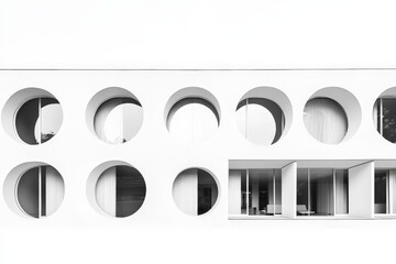 Fototapete - The facade of a building with rows of round windows casting intricate shadows reveals the depth of modern architectural design and the impact of natural light on geometry.