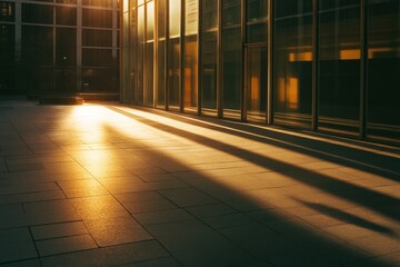 Aufkleber - An urban landscape during evening time, where golden light casts compelling shadows on the ground, creating a dynamic yet serene atmosphere through reflective surfaces.