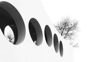 Aufkleber - A stark white facade with multiple circular cutouts frames silhouettes of bare trees, merging natural elements with sharp architectural geometry in a minimalist composition.