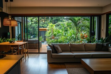 Aufkleber - A contemporary living room with floor-to-ceiling windows offering a captivating view of a lush garden, creating a serene and tranquil atmosphere at sunset.
