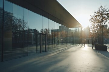 Poster - A sleek modern glass building reflects the soft morning sunlight, creating a beautiful interplay of light and shadows, surrounded by urban elements and trees.