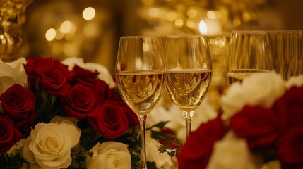 Poster - Two elegant champagne glasses sit amidst a beautiful display of red and white roses, creating a romantic atmosphere for a special celebration. Soft, warm lighting enhances the intimate setting.
