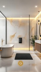 Wall Mural - Modern Minimalist Bathroom with Freestanding Bathtub and Black Bath Mat, 3D Rendering