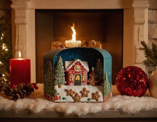 Wall Mural - A festive gingerbread house surrounded by holiday decorations and a warm fireplace glow.