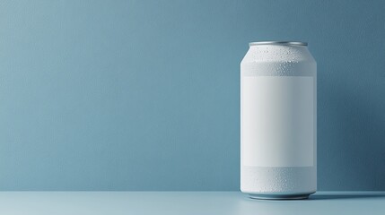 Poster - Refreshing Cool White aluminum can mockup with condensation on textured blue for advertising