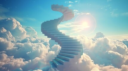 Wall Mural - Spiral staircase ascending to heaven amidst fluffy clouds and bright sun.