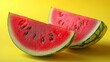 © Natcharat - Ultra-realistic 8K sliced watermelon with sharp details and contrasting green rinds on a bright yellow background