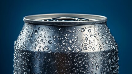 Poster - Refreshing Aluminum Can with Condensation on Blue Background Ready for Your Beverage Brand