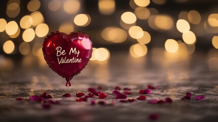 Poster - A heart-shaped balloon with the message Be My Valentine floats above scattered rose petals on a textured surface.