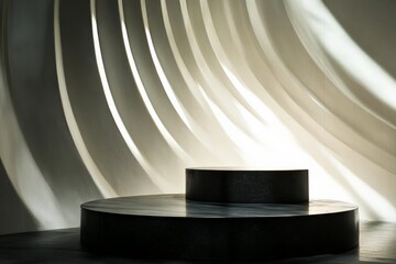 Fototapete - Abstract patterns of light play across circular platforms, casting intricate shadows, blending art with architecture to create a modern and intriguing visual spectacle.