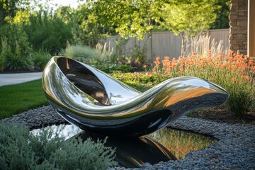 Poster - A sleek, reflective sculpture rests near a tranquil water pool in a lush garden, blending art and nature in a harmonious outdoor space setting.