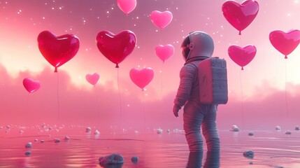 Poster - An astronaut stands in a calm body of water, gazing at numerous pink hearts floating in the air. The backdrop features a mesmerizing twilight sky, creating a dreamlike and whimsical atmosphere.